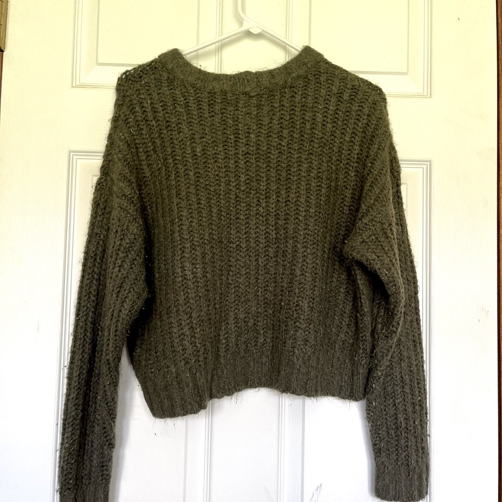 American Eagle Olive Green Fuzzy Knit Crop Sweater
